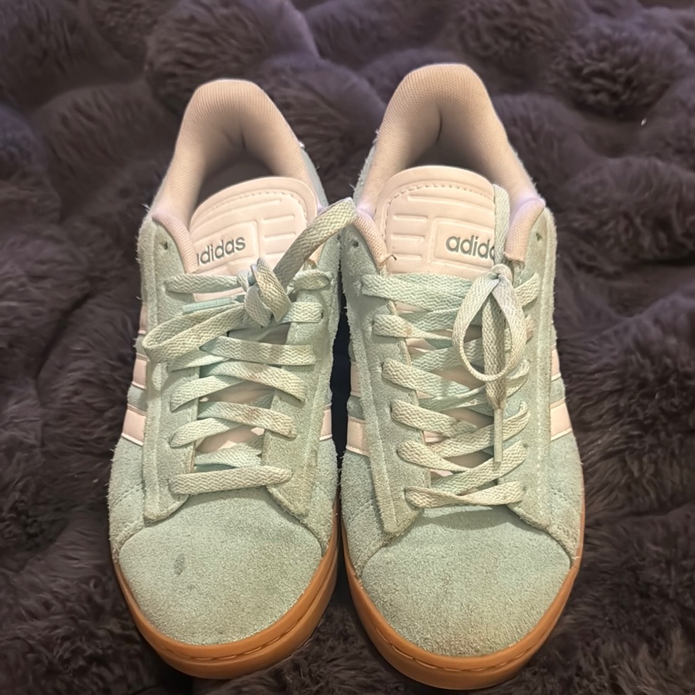 Adidas Mint Green and White Suede Sneakers